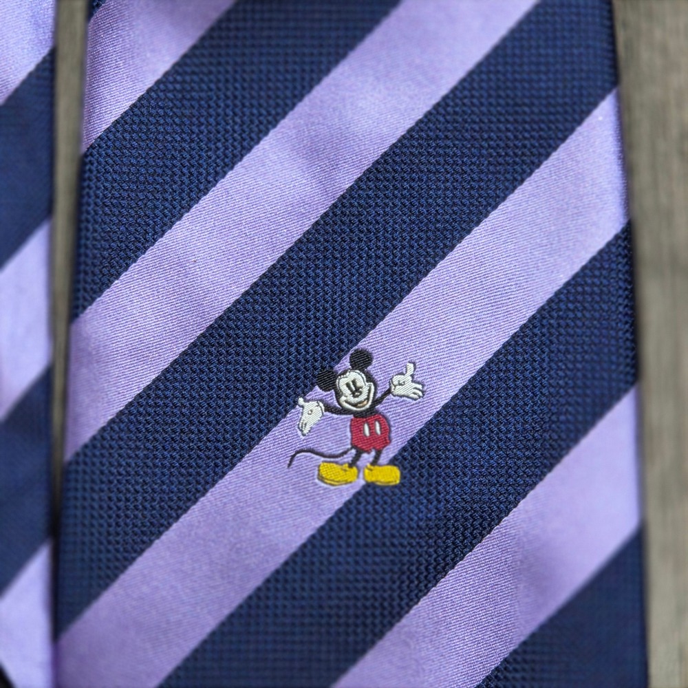 Walt Disney World Mickey Mouse Striped Tie Navy Purple Silk Blend Mens Necktie - Picture 3 of 5